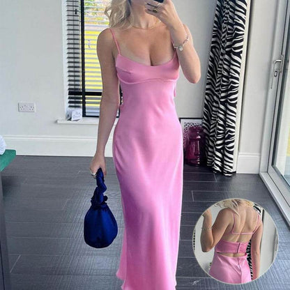 Robe Longue Satinée Rose à Bretelles Fines - JOLYUP
