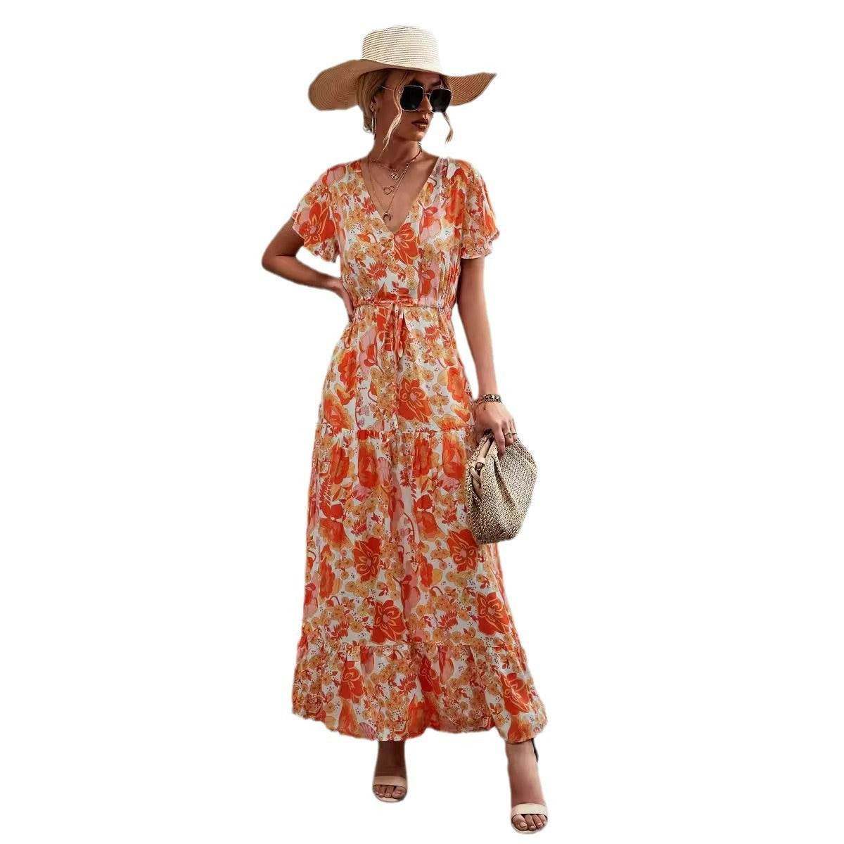 Robe Longue Fleurie Col V Ceinturée - JOLYUP