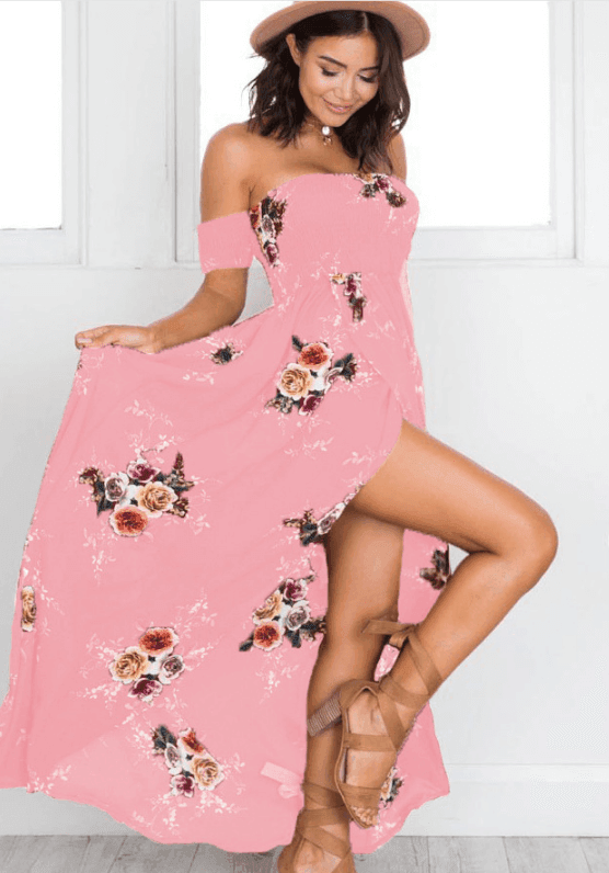 Robe longue fleurie épaules dénudées - JOLYUP