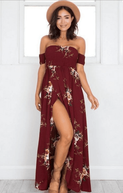 Robe longue fleurie épaules dénudées - JOLYUP