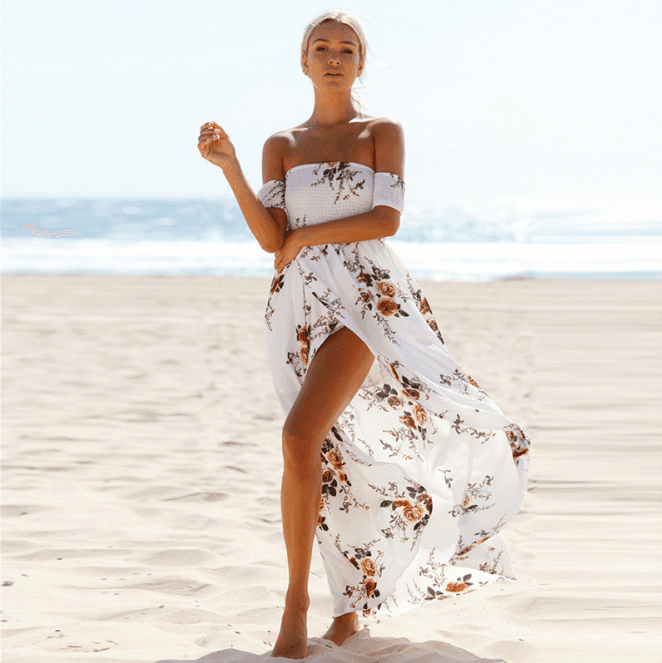 Robe longue fleurie épaules dénudées - JOLYUP