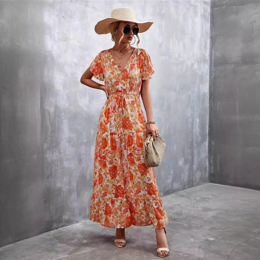 Robe Longue Fleurie Col V Ceinturée - JOLYUP