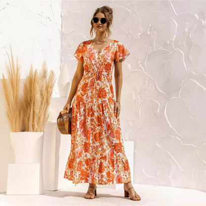 Robe Longue Fleurie Col V Ceinturée - JOLYUP