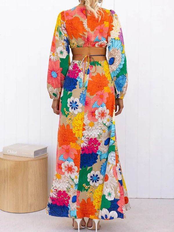Robe Longue Bohème Fleurie à Manches Évasées - JOLYUP