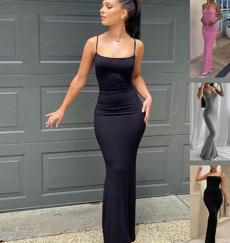 Robe Longue Moulante Gris Élégante à Bretelles Fines - JOLYUP