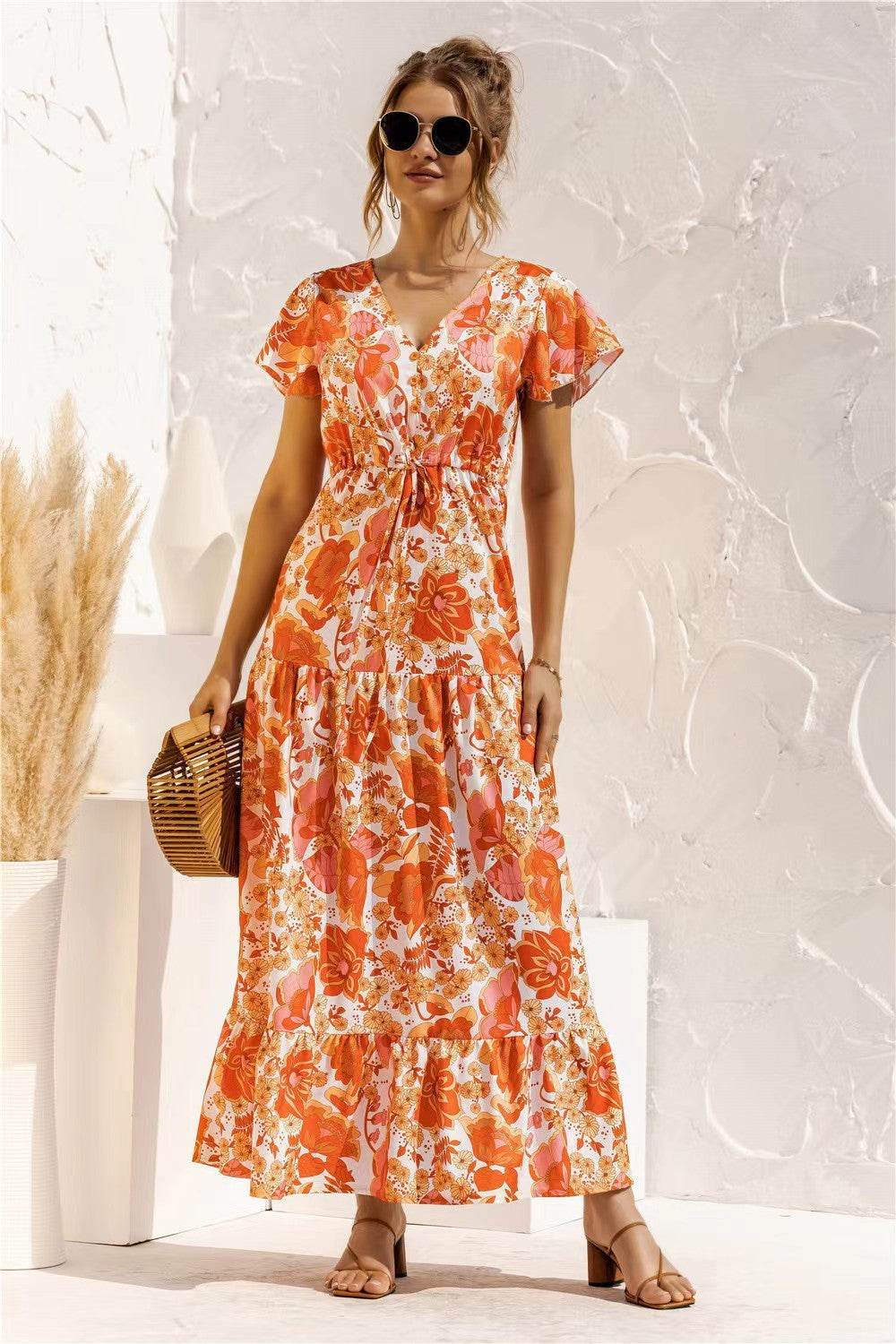 Robe Longue Fleurie Col V Ceinturée - JOLYUP