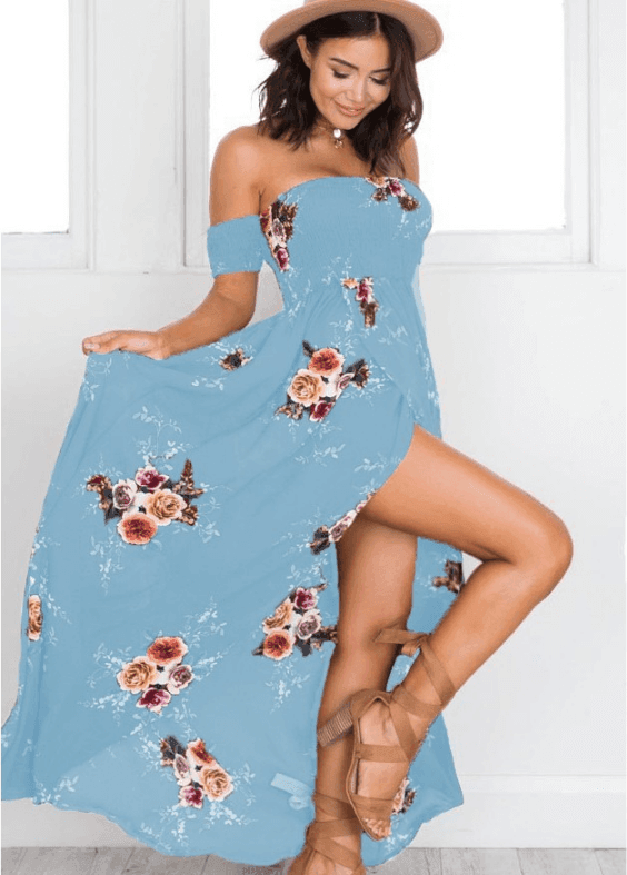 Robe longue fleurie épaules dénudées - JOLYUP