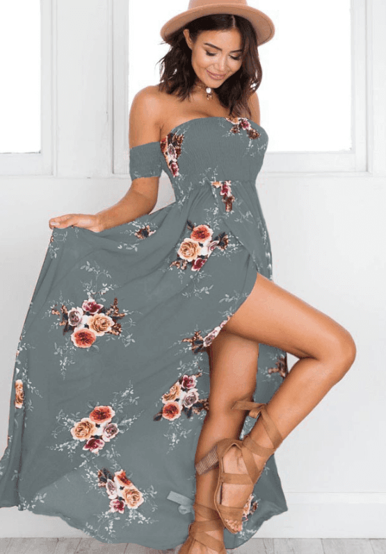 Robe longue fleurie épaules dénudées - JOLYUP