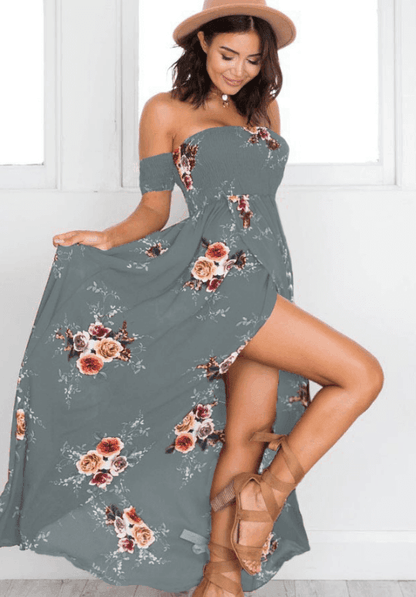 Robe longue fleurie épaules dénudées - JOLYUP