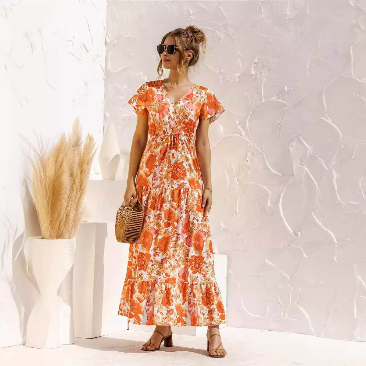 Robe Longue Fleurie Col V Ceinturée - JOLYUP