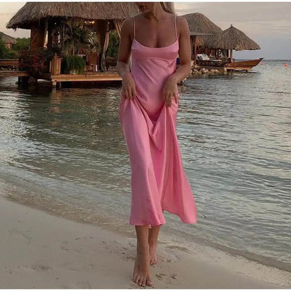 Robe Longue Satinée Rose à Bretelles Fines - JOLYUP