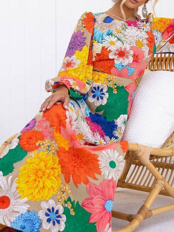 Robe Longue Bohème Fleurie à Manches Évasées - JOLYUP