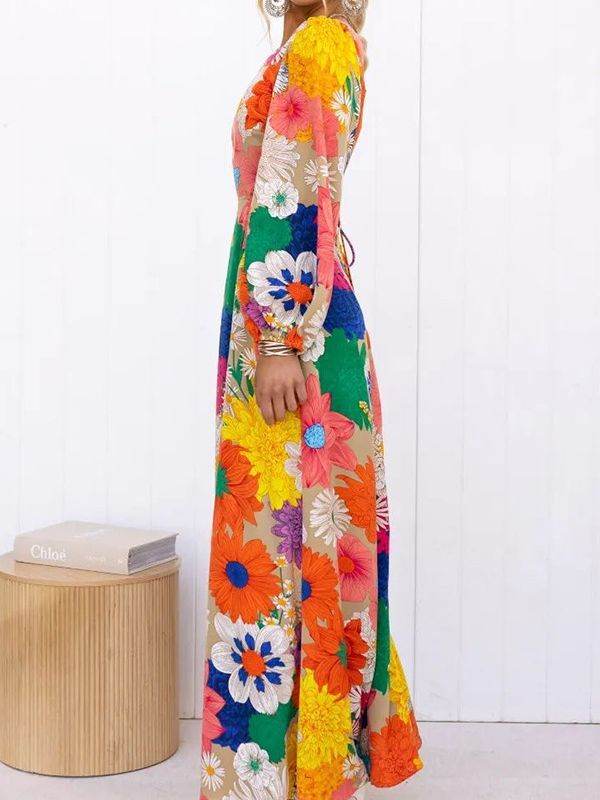 Robe Longue Bohème Fleurie à Manches Évasées - JOLYUP